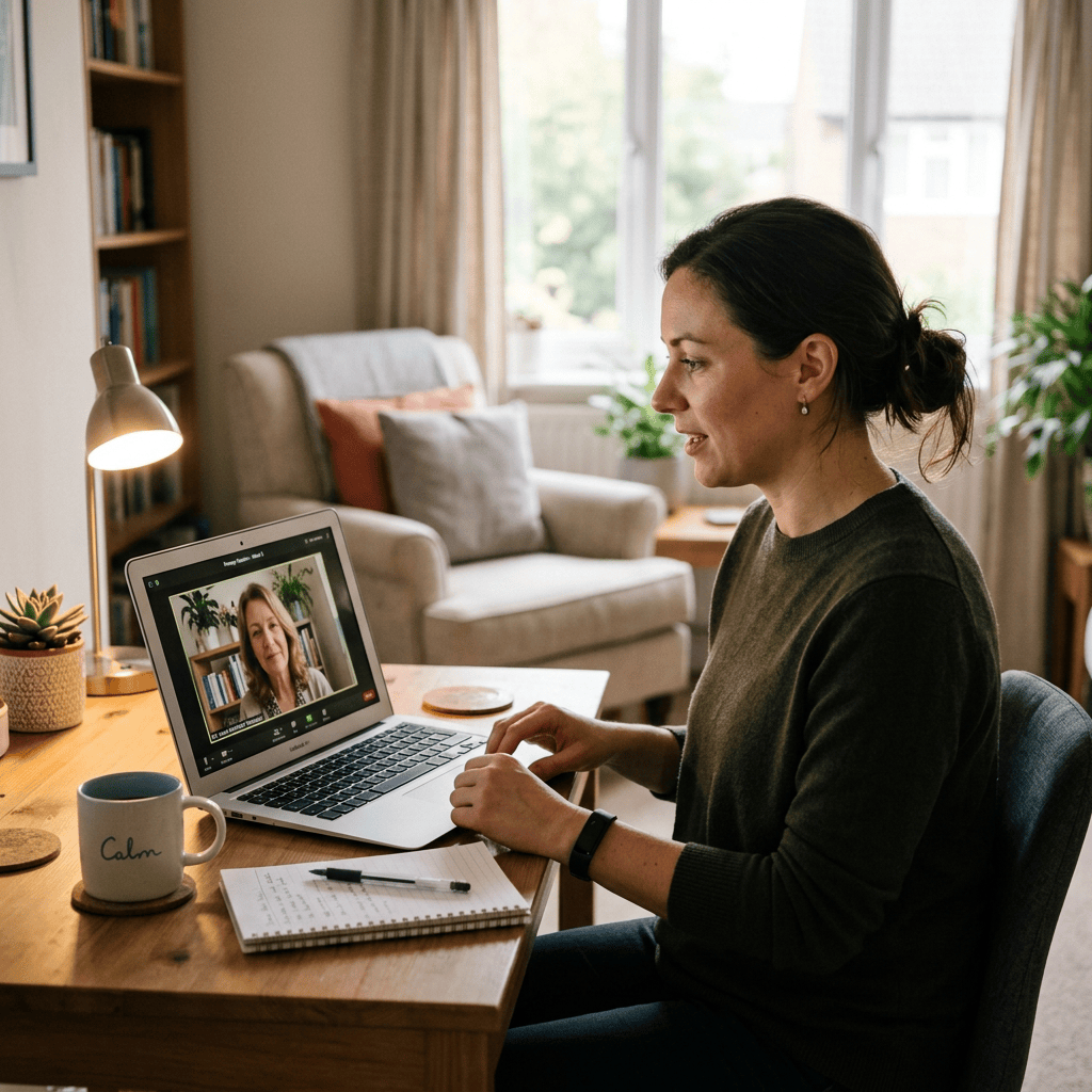 Woman sitting at a desk in a living room having a video call therapy session on her laptop