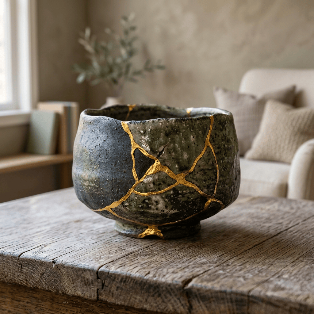 Ceramic tea bowl with visible gold kintsugi repair on wooden table